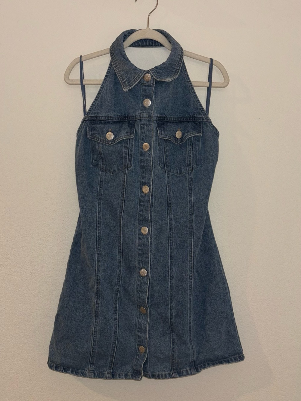 House of Harlow 1960 Light Blue Denim Halter Dress